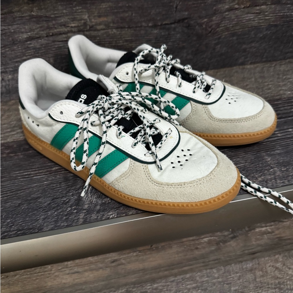 adidas White and Black Low-Top Sneakers with Green Accents